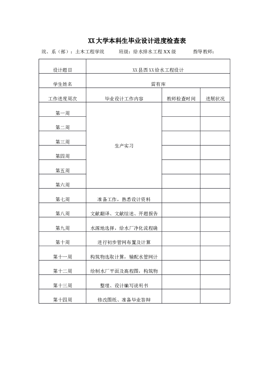 XX县XX乡给水工程设计【给排水毕业论文、cad图纸、任务书、开题报告、中期检查表、进度检查表、答辩ppt】