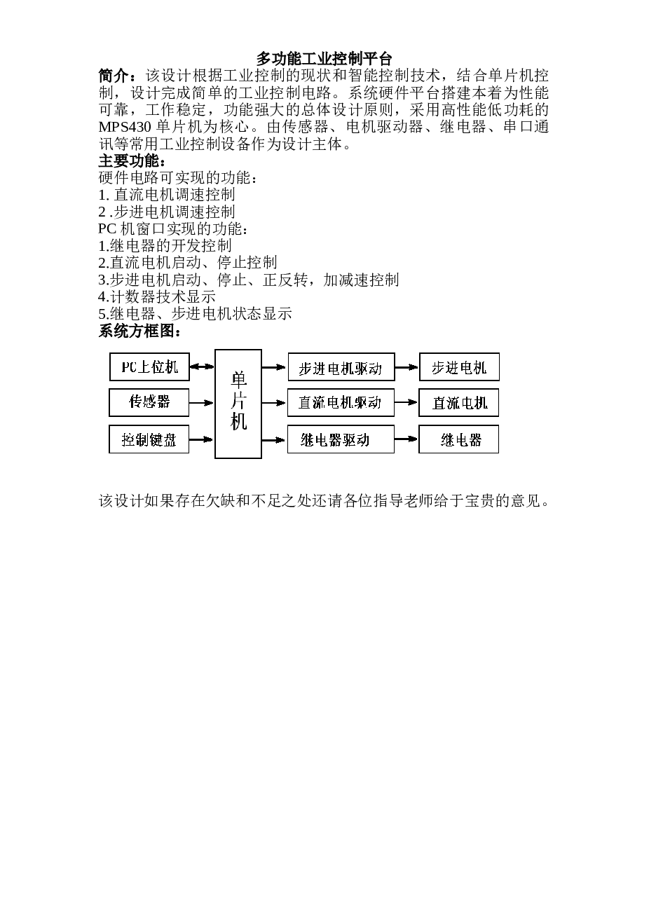 多功能工业控制平台——论文+程序+开题报告+任务书+翻译+答辩PPT……